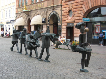 Voetgangersstraat Södergatan in Malmö, een blikken harmonieorkest Voetgangersstraat Södergatan in Malmö, een blikken harmonieorkest
